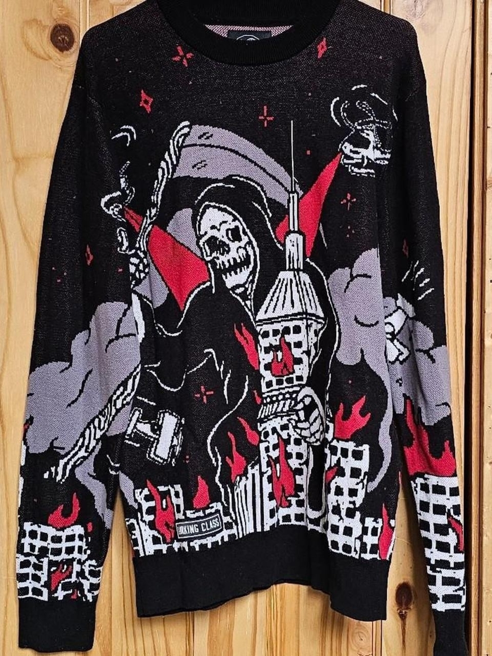 Men's Graphic Crewneck Sweater - Black with Red & Gray Artwork